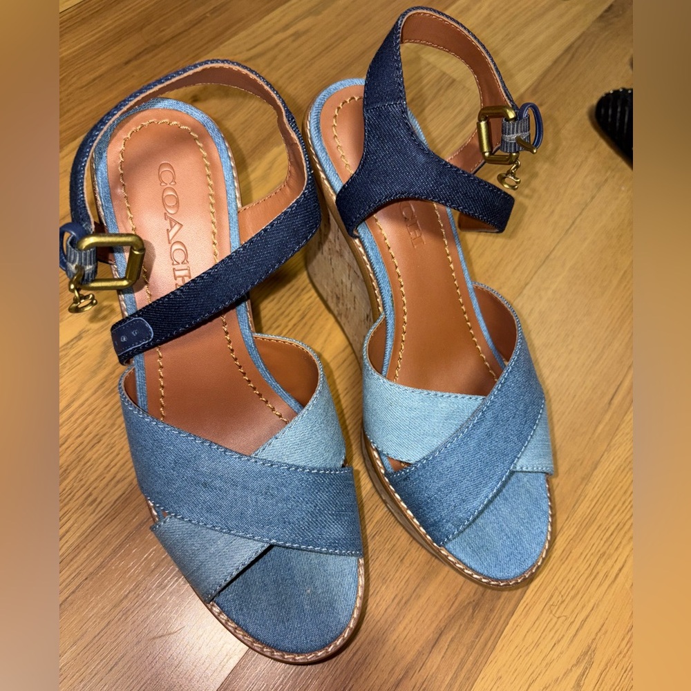 Coach Two-Tone Denim Wedge Sandals - Light & Dark Blue